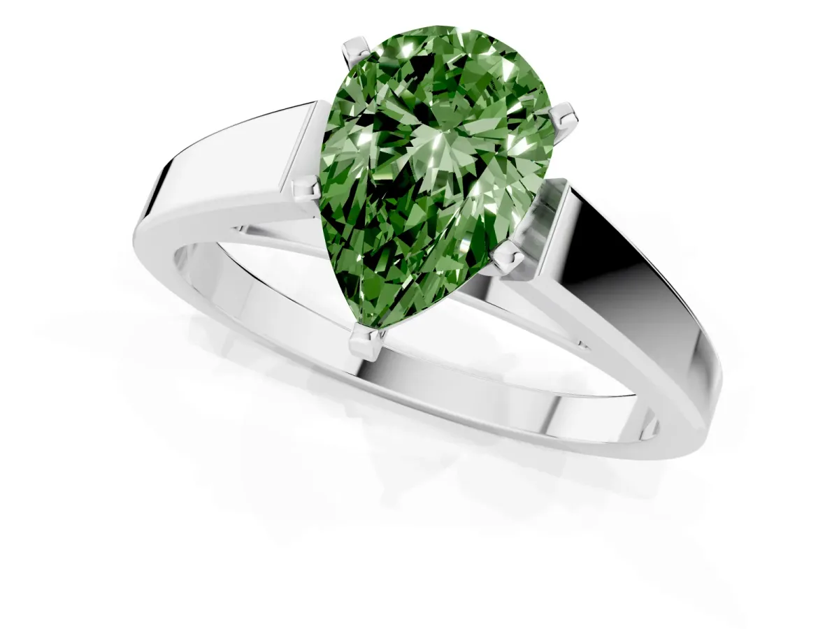 Fancy Green Pear Cut Solitaire Engagement Ring with Four-Prong Setting and Tapered Band Silver