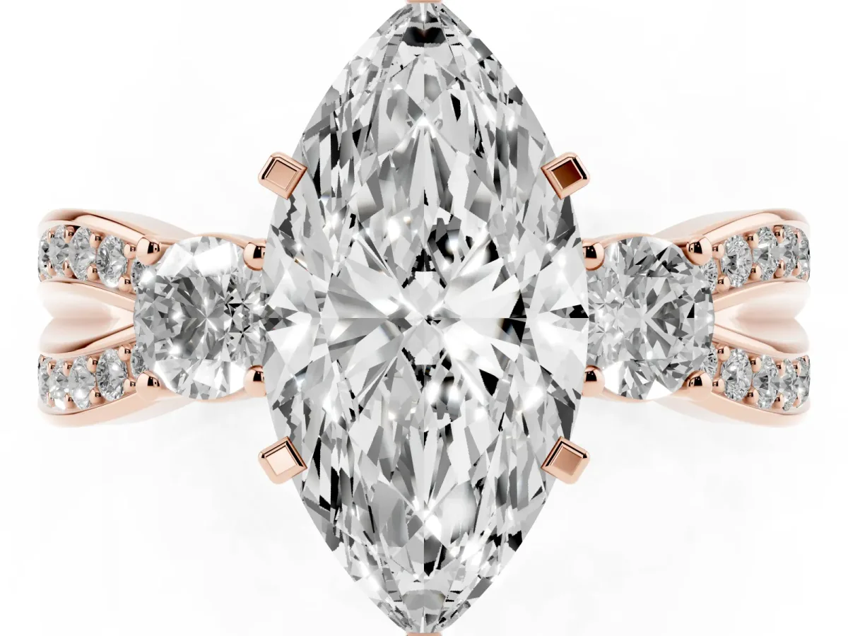 Three-Stone Marquise Cut Cut Diamond Twist Band with Prong Setting Rose gold