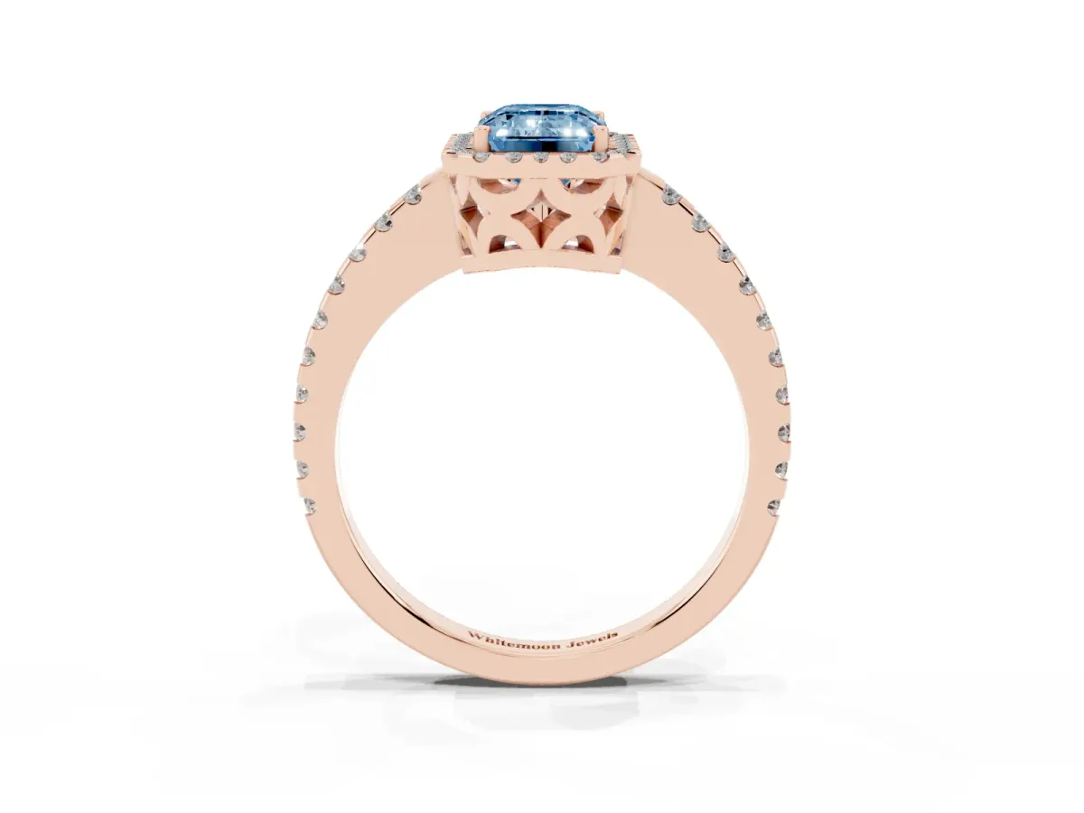 Fancy Blue Emerald Cut Diamond Halo Engagement Ring with Pavé Band and Prong Setting Rose gold