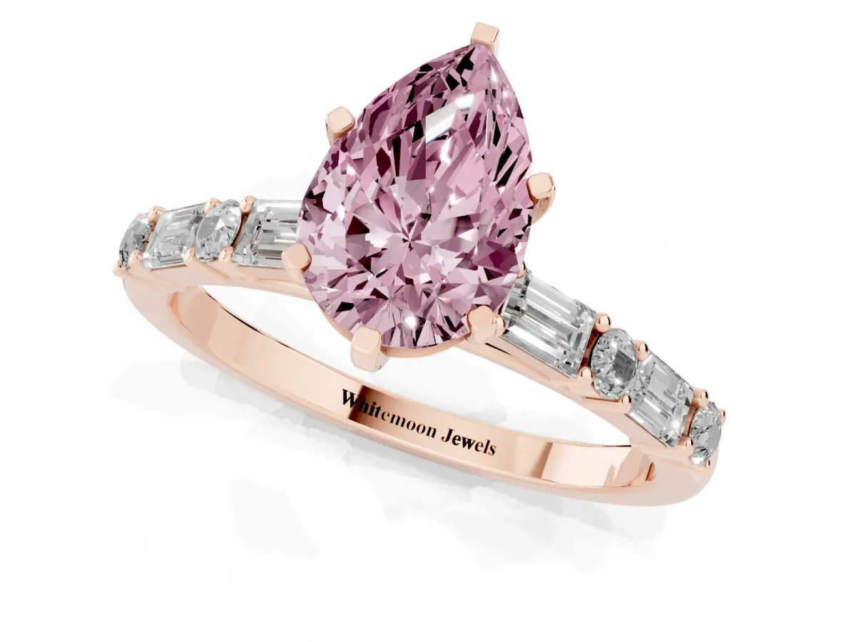 Fancy Pink Pear Cut Diamond Solitaire with Side Baguettes and Channel Set Band Rose gold