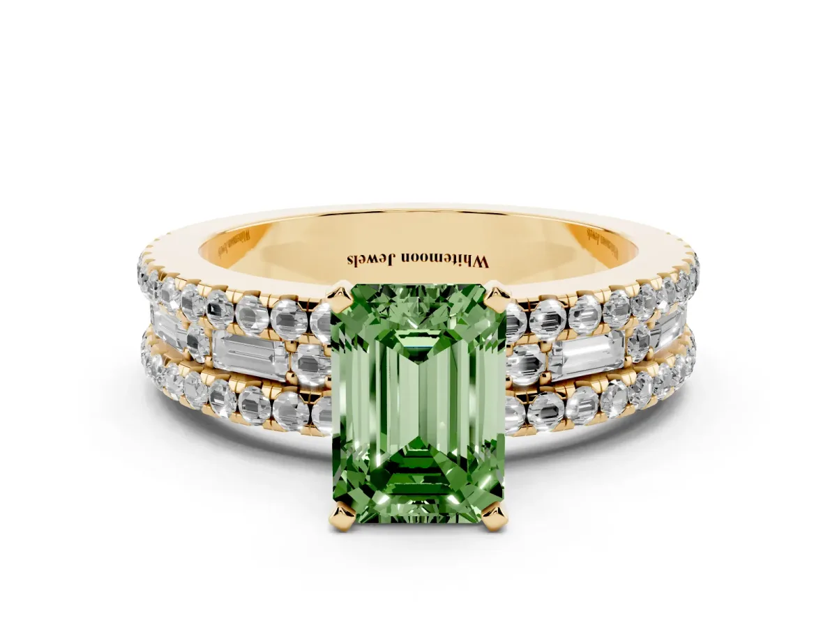 Fancy Green Emerald Cut Diamond Solitaire Ring with Pavé and Channel Set Band Yellow gold