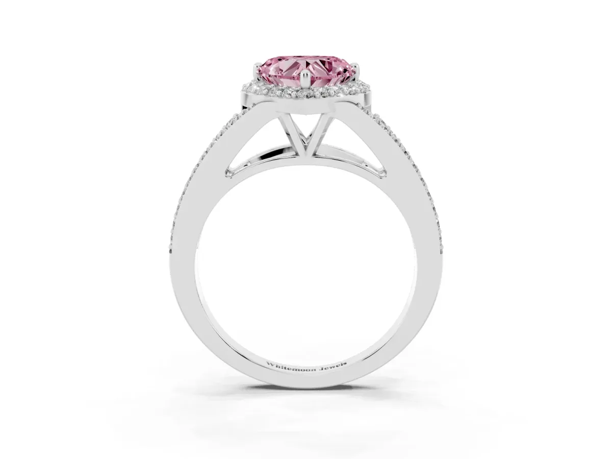 Fancy Pink Heart Cut Halo Split Shank Diamond Ring with Prong Setting Silver