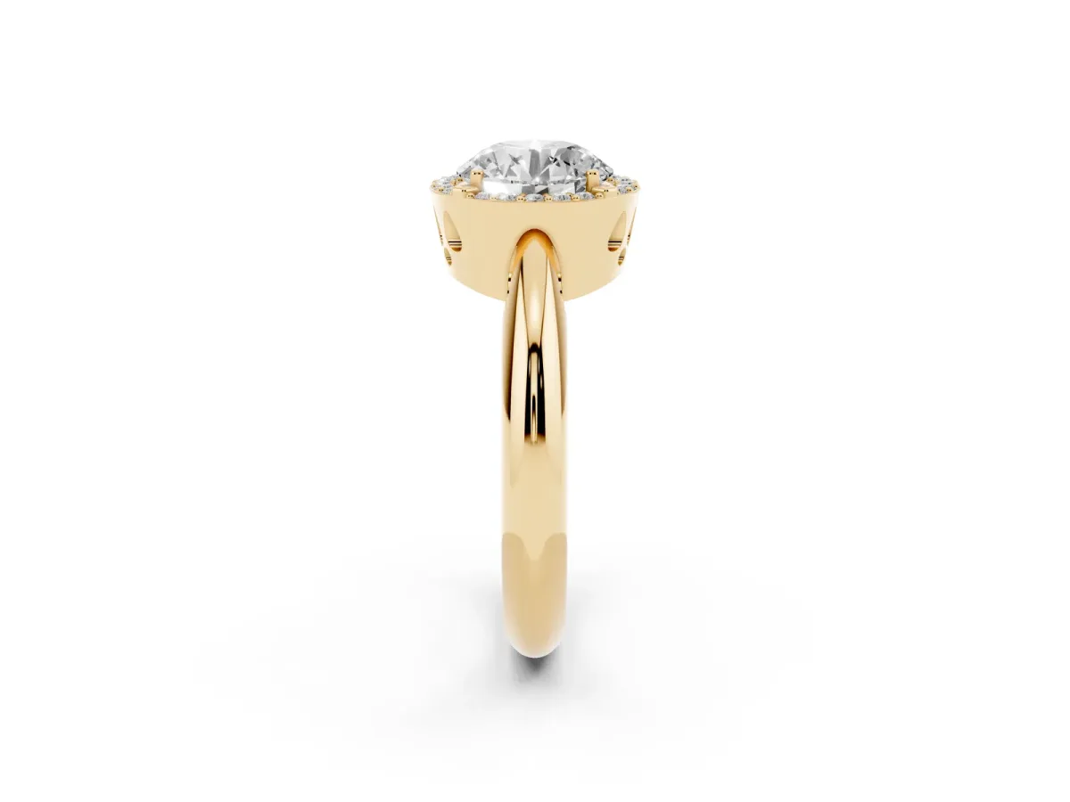 Round Cut Cut Diamond Halo Engagement Ring with Split Shank and Four-Prong Setting Yellow gold