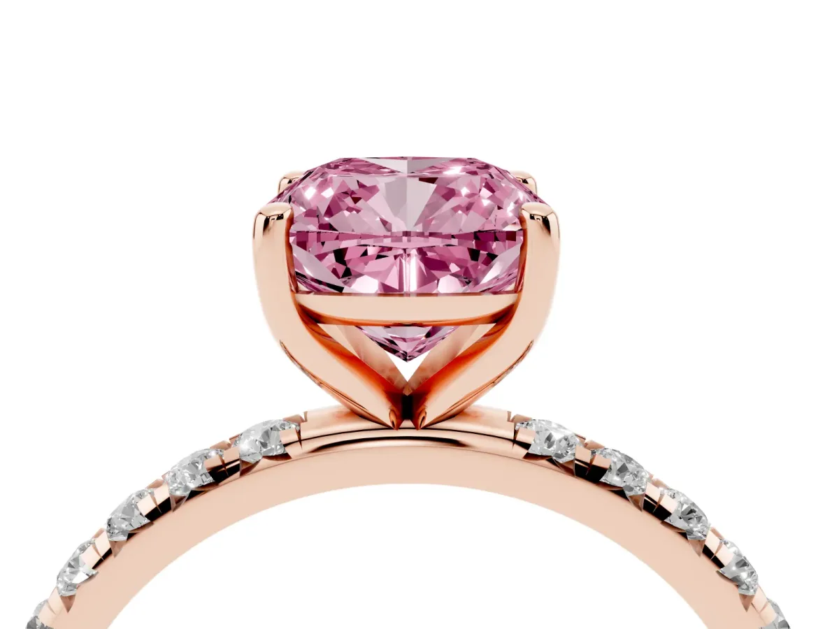Fancy Pink Cushion Cut Cut Diamond Solitaire Ring with Micro Pave Band and Four Prong Setting Rose gold