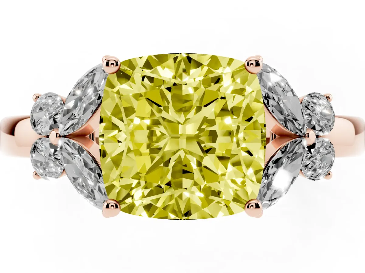 Fancy Yellow Cushion Cut Cut Solitaire Floral Diamond Ring with Four-Prong Setting Rose gold