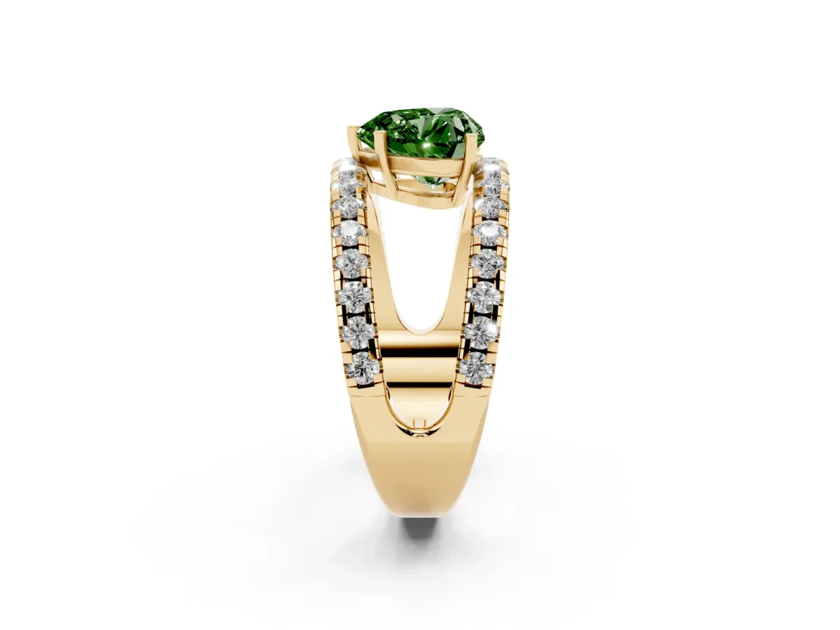 Fancy Green Heart Cut Solitaire Split Shank Pave Diamond Ring Yellow gold