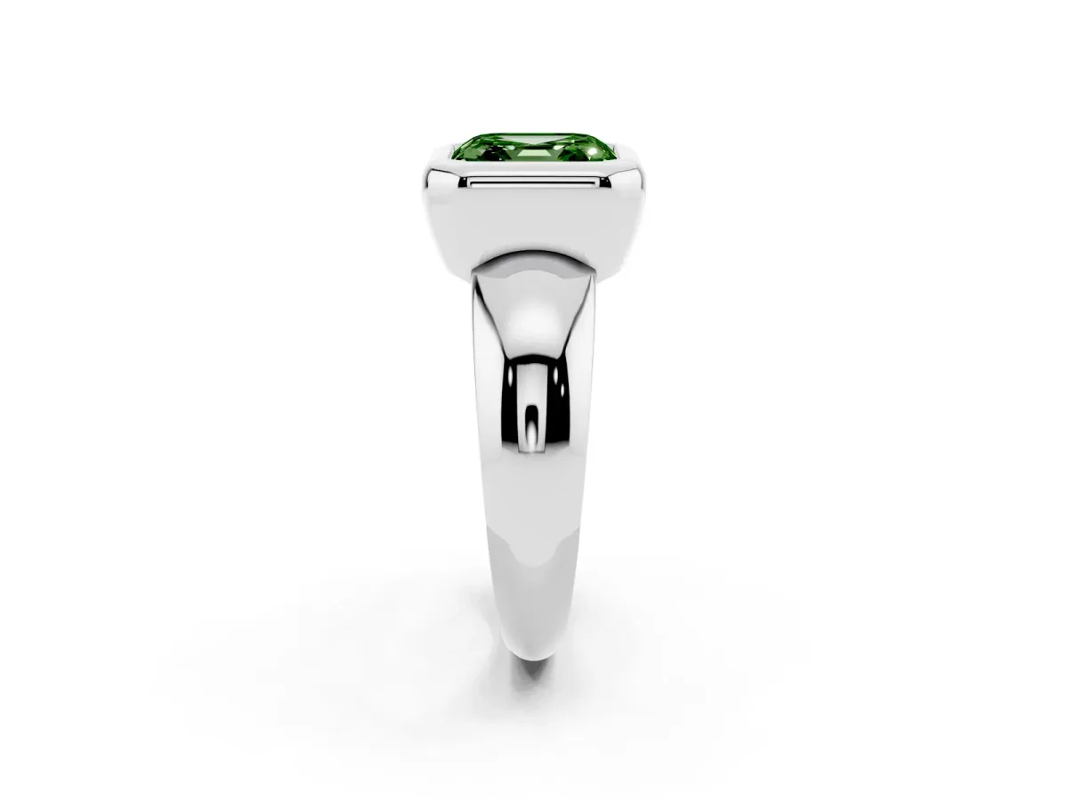 Fancy Green Bezel Set Asscher Cut Solitaire Ring with Wide Band Silver