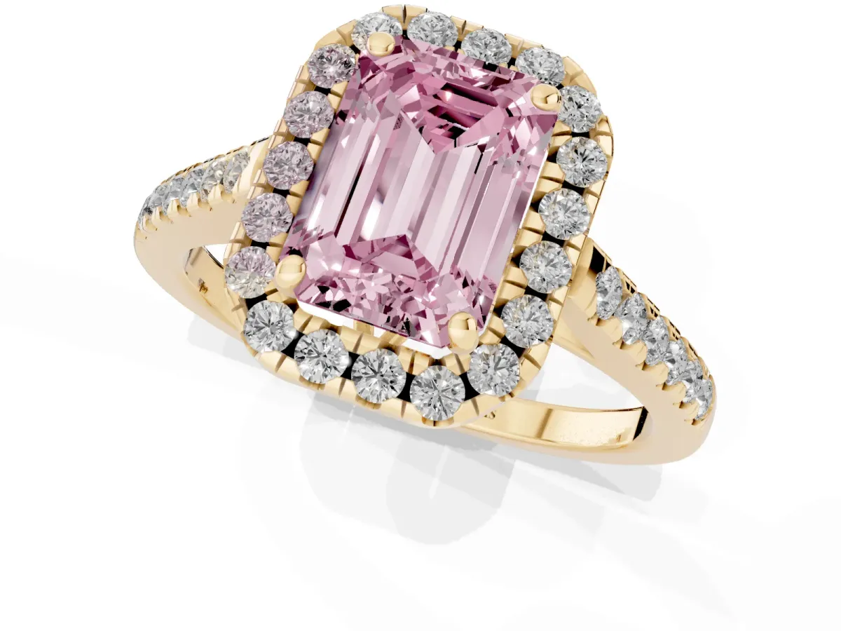 Fancy Pink Emerald Cut Halo Pavé Diamond Engagement Ring with Four-Prong Setting Yellow gold