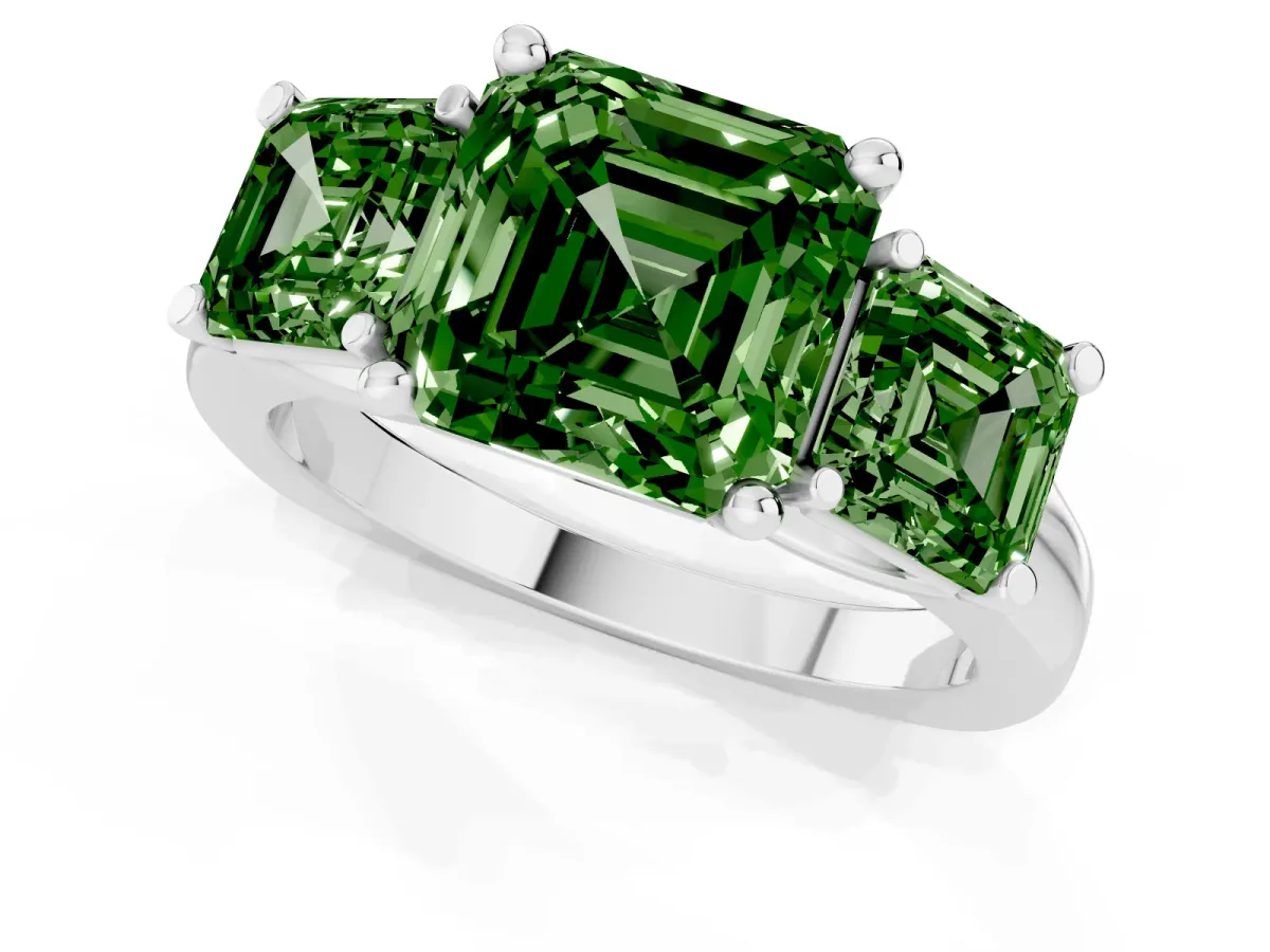 Fancy Green Three-Stone Asscher Cut Brilliant Diamond Trellis Ring with Comfort Fit Band Silver