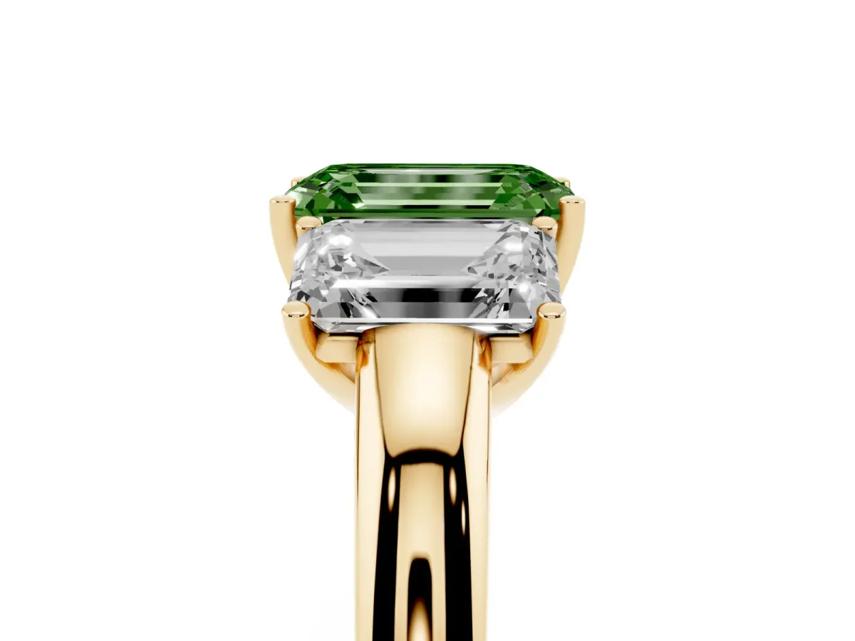 Fancy Green Emerald Cut Diamond Three-Stone Ring with Four-Prong Setting and Classic Band Yellow gold