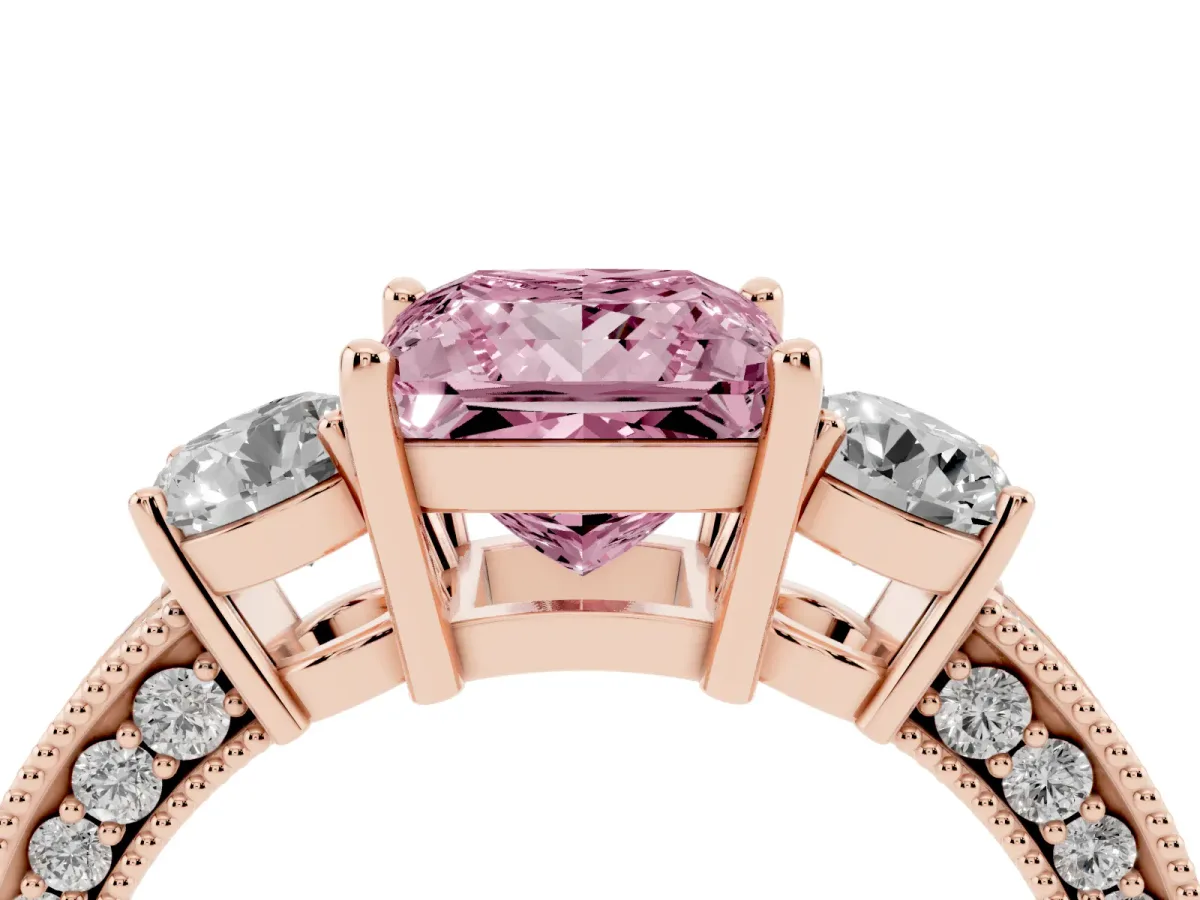 Fancy Pink Princess Cut Three-Stone Diamond Ring with Pavé Band and Four-Prong Setting Rose gold