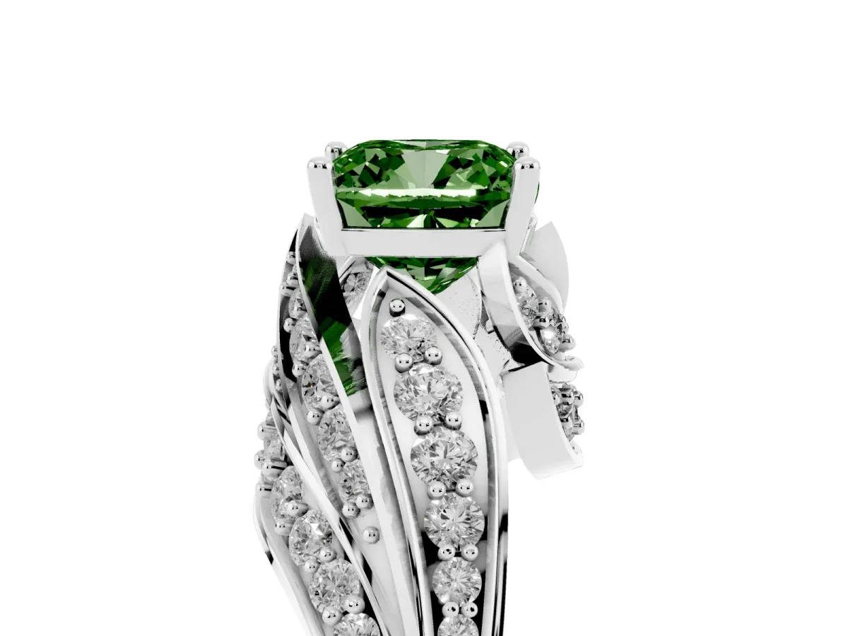 Fancy Green Cushion Cut Diamond Solitaire Ring with Prong Setting and Twisted Pavé Band Silver