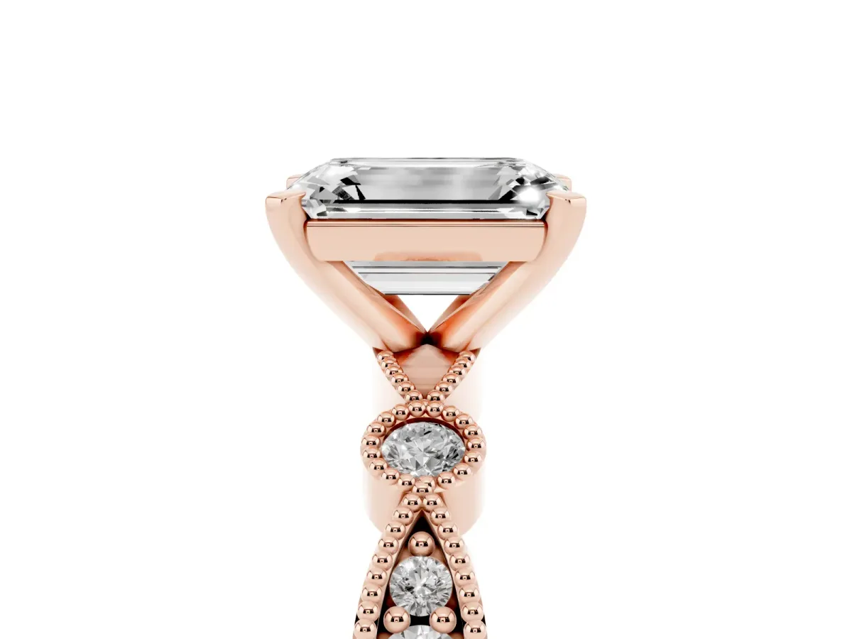 Emerald Cut Milgrain Bezel Diamond Engagement Ring with Solitaire Prong Setting Rose gold