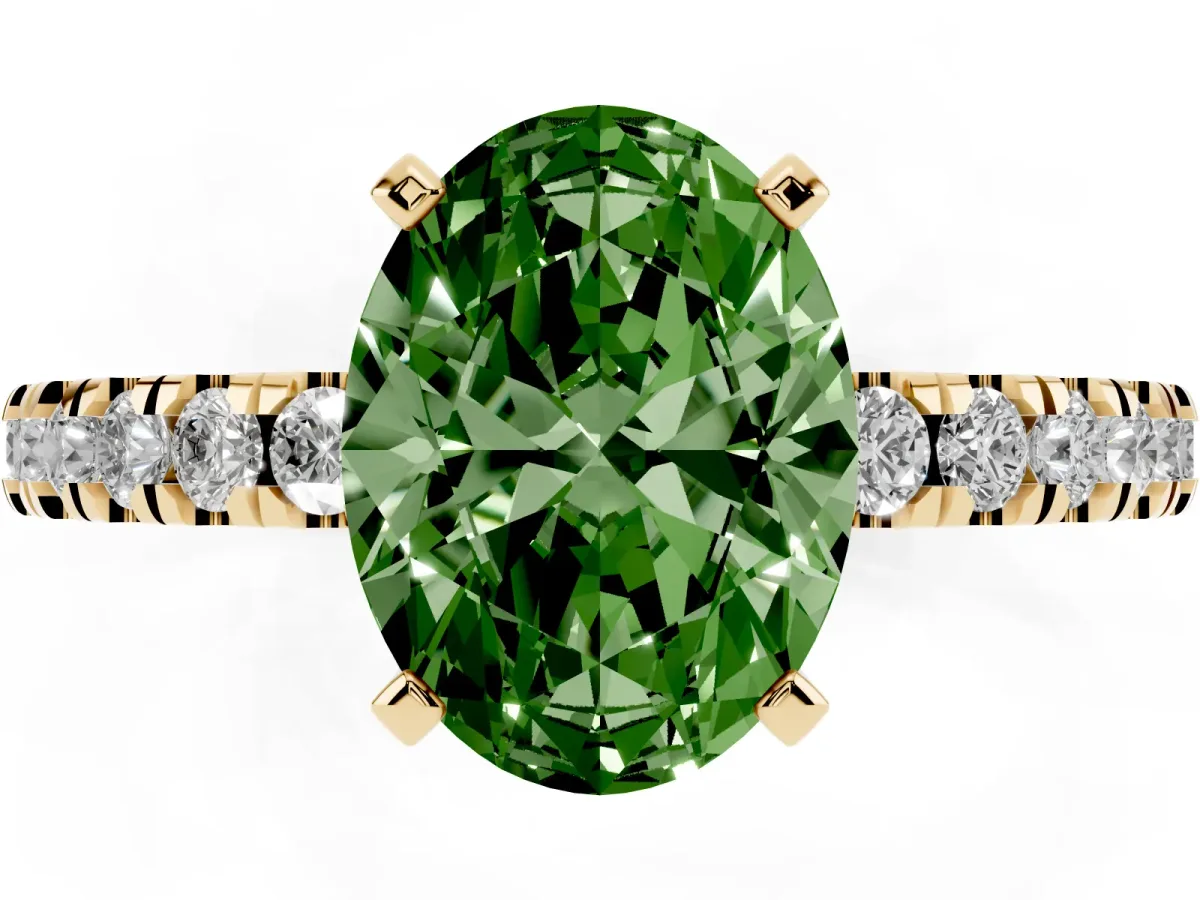 Fancy Green Oval Cut Solitaire Diamond with Pavé Band and Four-Prong Setting Yellow gold