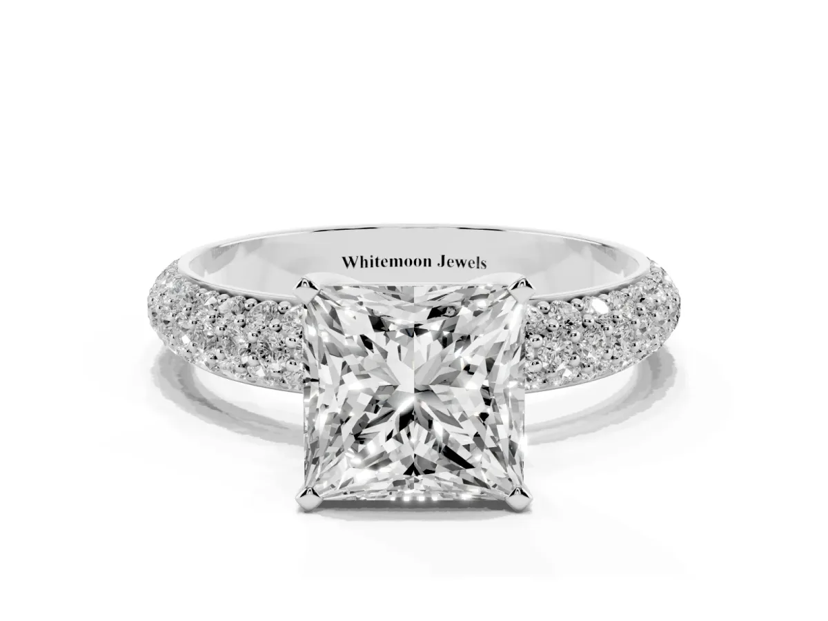 Princess Cut Diamond Solitaire Ring with Prong Setting and Pavé Band Silver