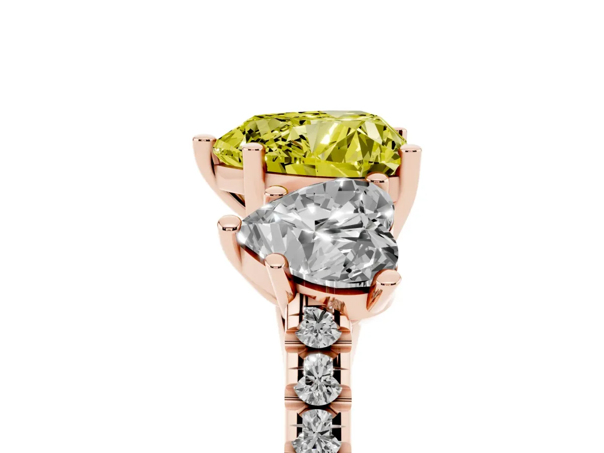 Fancy Yellow Three-Stone Heart Cut Diamond Ring with Round Pavé Band and Prong Setting Rose gold