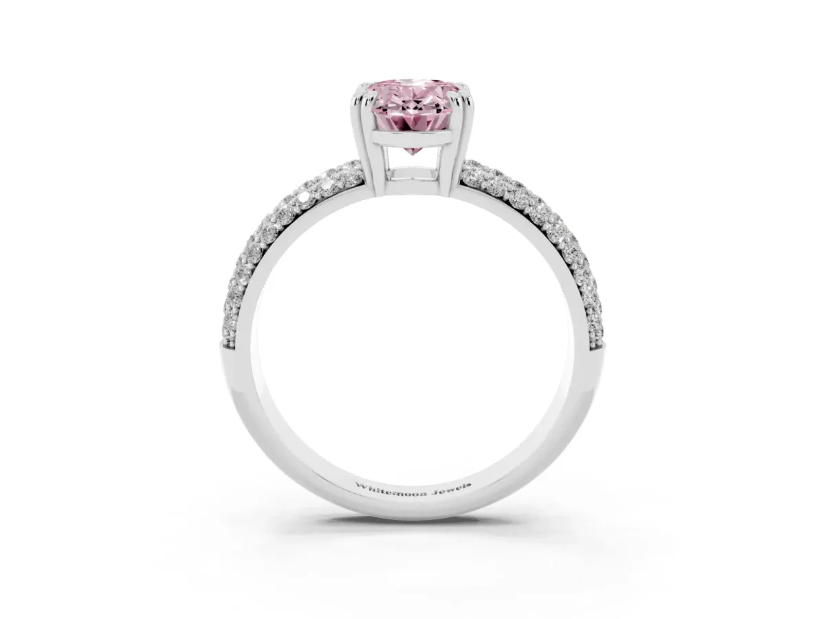 Fancy Pink Oval Cut Diamond Solitaire Ring with Multi-Row Round Pavé Band and Prong Setting Silver