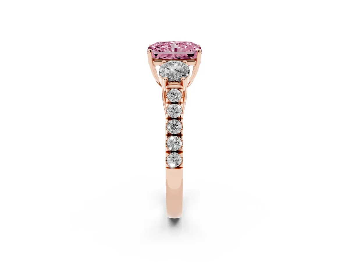 Fancy Pink Radiant Cut Cut Diamond Three-Stone Ring with Round Side Stones and Pavé Band Rose gold