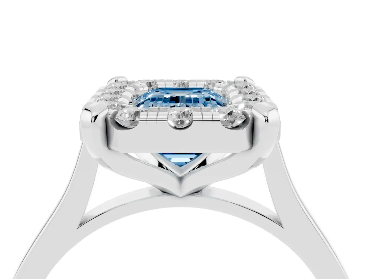 Fancy Blue Emerald Cut Diamond Cluster Halo Solitaire with Four-Prong Setting Platinum