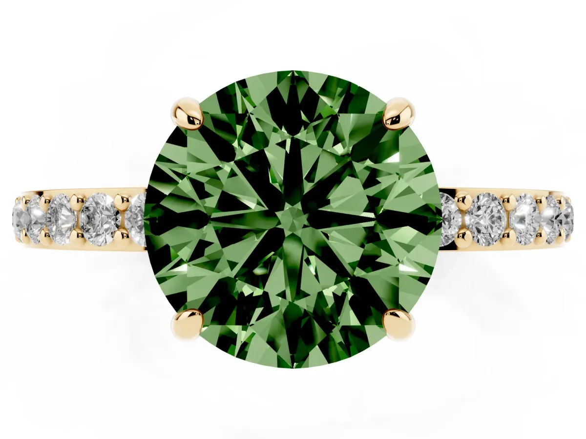 Fancy Green Round Cut Diamond Pavé Engagement Ring with Round Accents and Prong Setting Yellow gold