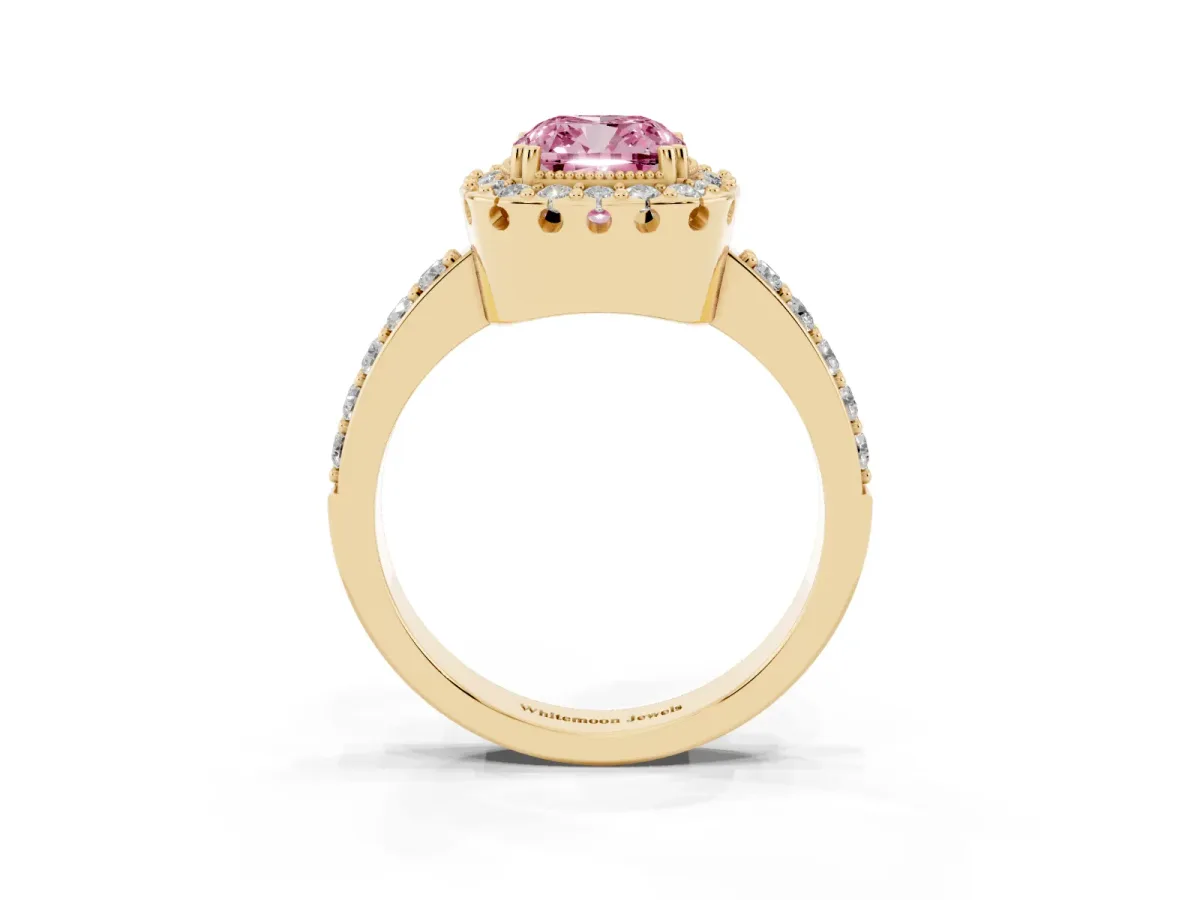 Fancy Pink Cushion Cut Diamond Halo Ring with Pavé Band and Prong Setting Yellow gold
