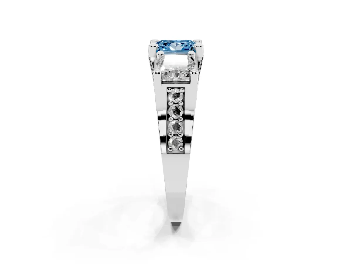 Fancy Blue Princess Cut Diamond Three-Stone Ring with Channel Set Band and Four-Prong Setting Silver