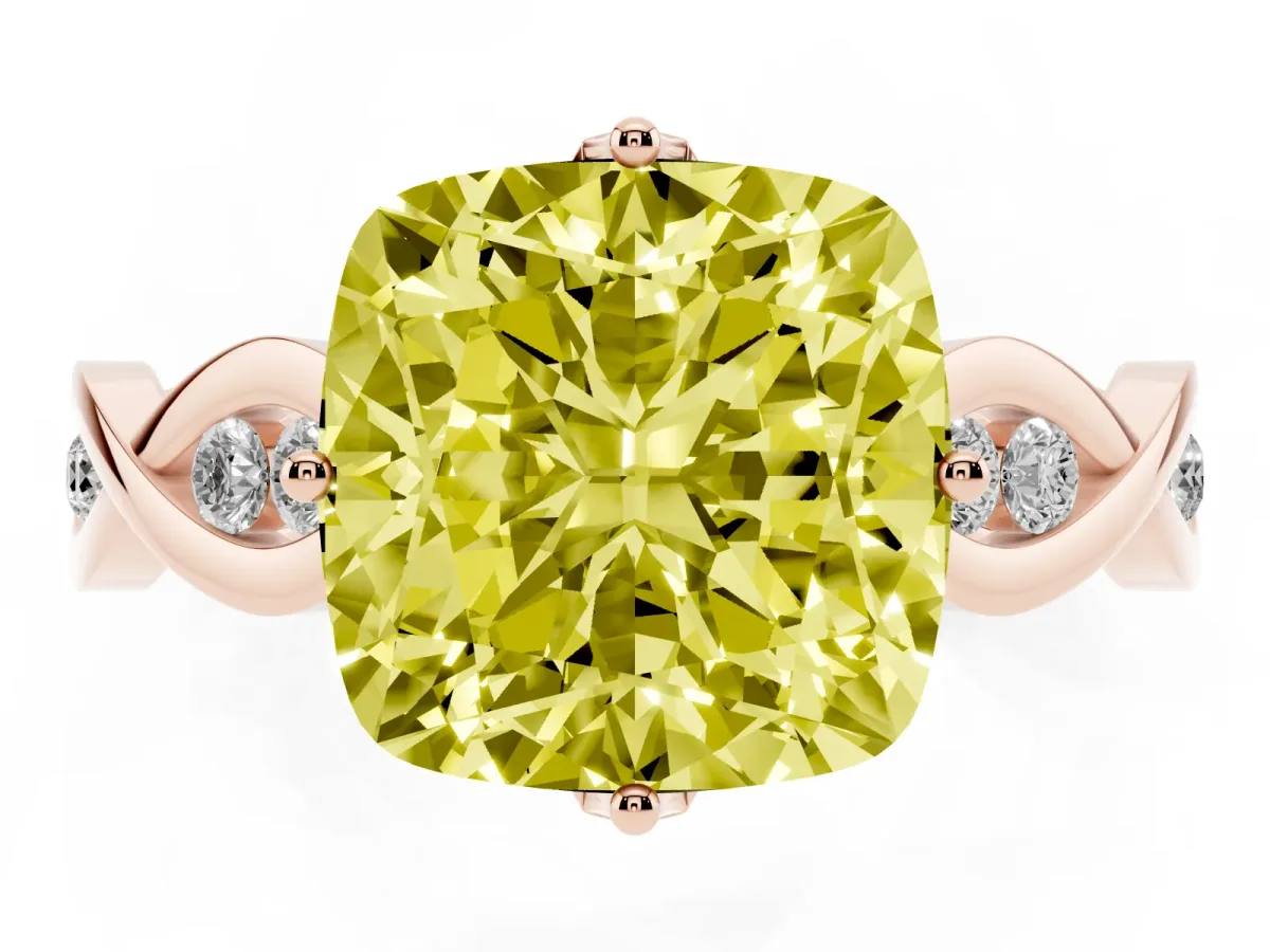 Fancy Yellow Cushion Cut Solitaire Twist Band with Leaf Prong Setting Rose gold