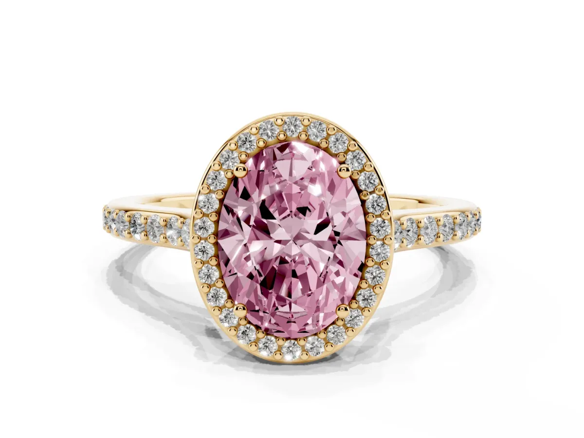 Fancy Pink Oval Cut Diamond Halo Engagement Ring with Round Pavé Shoulders and Prong Setting Yellow gold