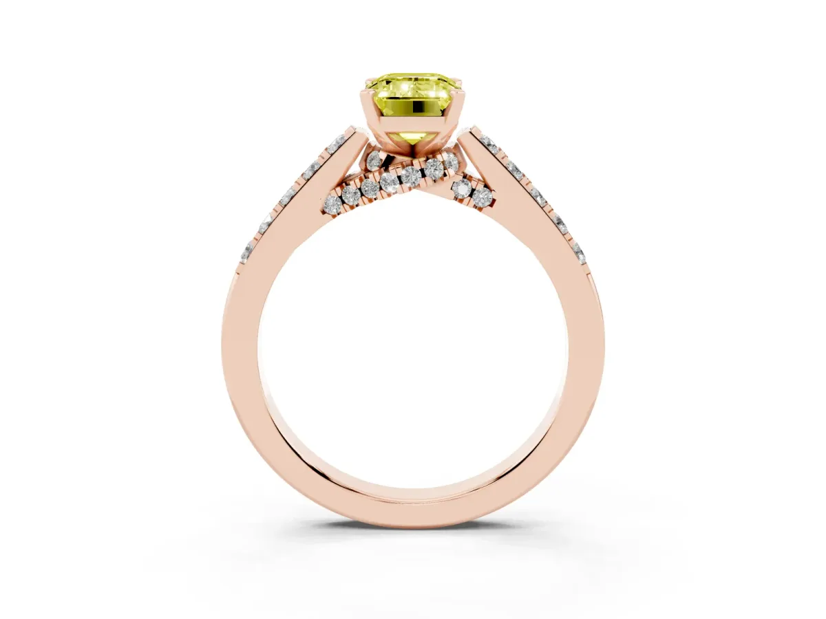 Fancy Yellow Emerald Cut Diamond Solitaire Ring with Crossover Gallery and Round Pavé Band Rose gold