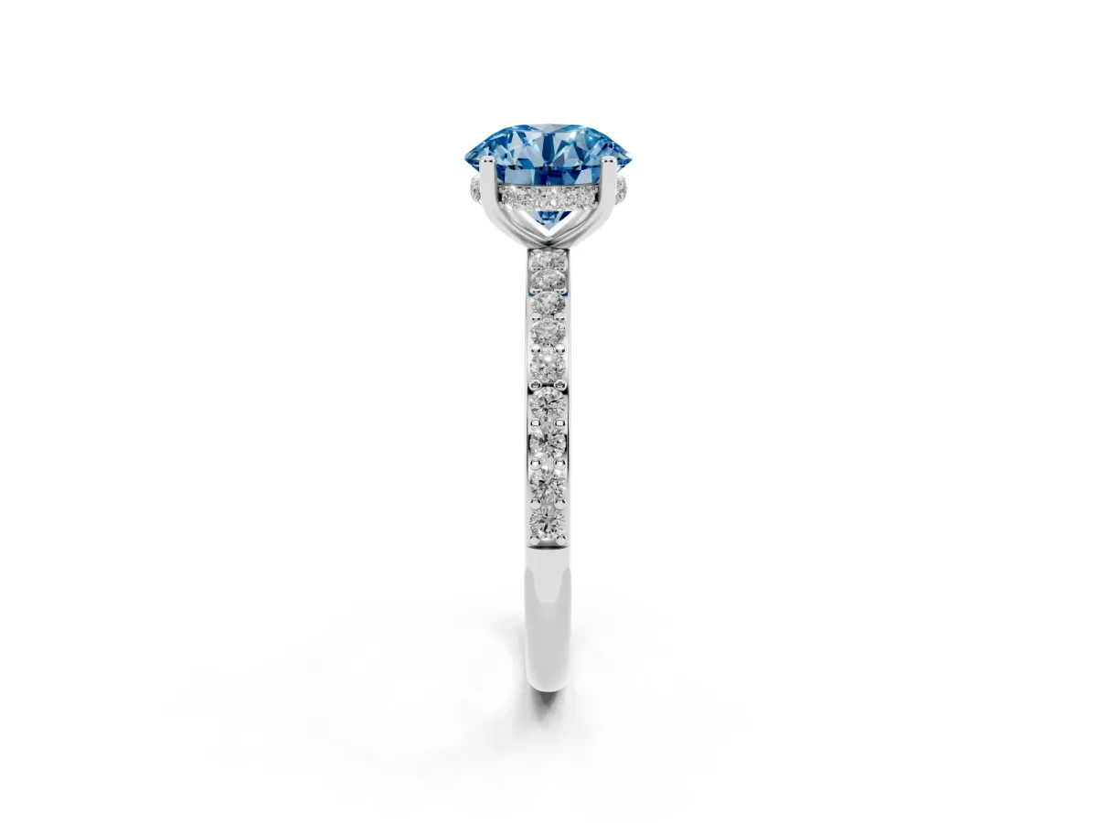 Fancy Blue Round Cut Cut Diamond Pavé Band Ring with Four-Prong Setting Silver