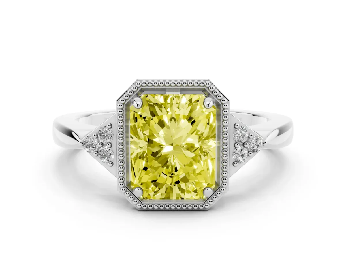Fancy Yellow Radiant Cut Diamond Halo Ring with Tapered Band and Four-Prong Setting White gold