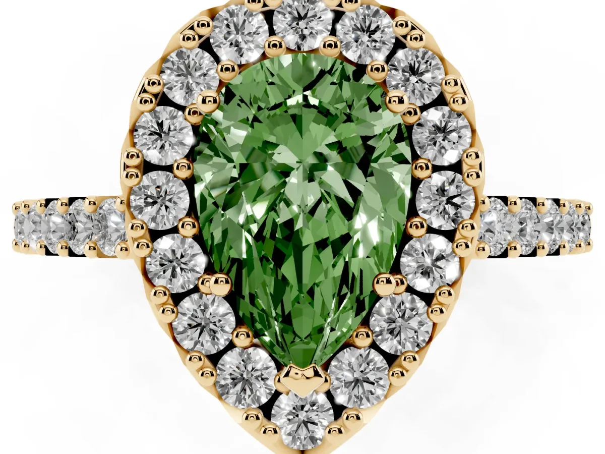 Fancy Green Pear Cut Halo Diamond Pavé Solitaire Ring Yellow gold