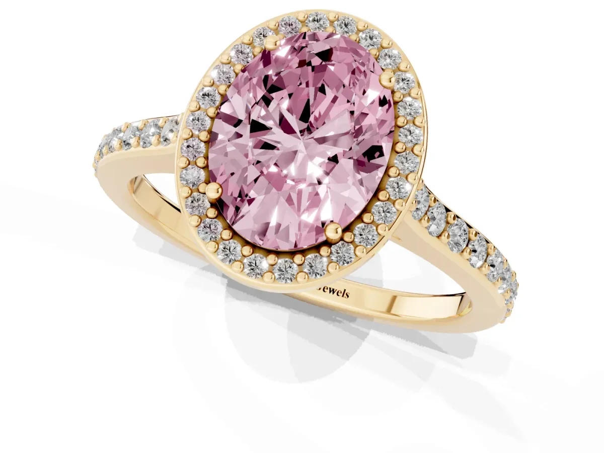 Fancy Pink Oval Cut Diamond Halo Engagement Ring with Round Pavé Shoulders and Prong Setting Yellow gold