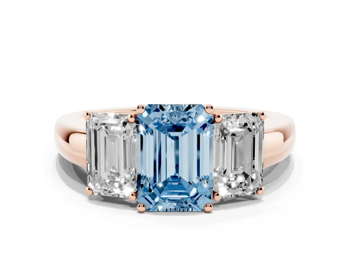 Fancy Blue Emerald Cut Diamond Three-Stone Ring with Four-Prong Setting and Classic Band Rose gold