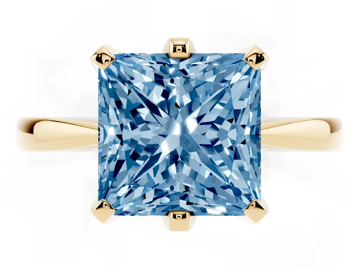 Fancy Blue Princess Cut Solitaire Engagement Ring with Six-Prong Setting and Tapered Band Yellow gold