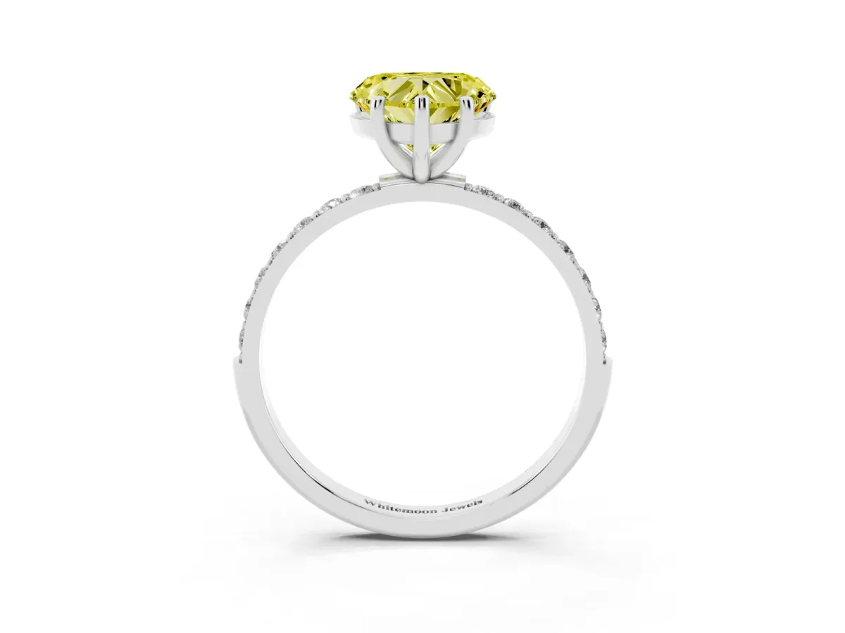 Fancy Yellow Heart Cut Diamond Solitaire Ring with Round Pavé Shoulders and Prong Setting Silver