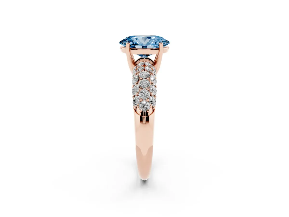 Fancy Blue Oval Cut Diamond Pavé Band Solitaire Ring with Four-Prong Setting Rose gold