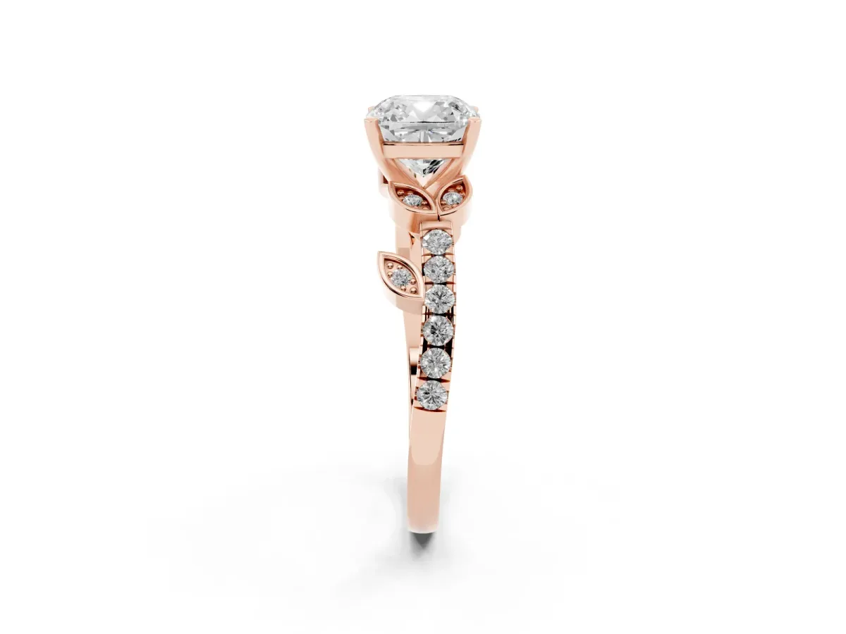Cushion Cut Solitaire Leaf-Inspired Diamond Ring with Pavé Band and Four-Prong Setting Rose gold
