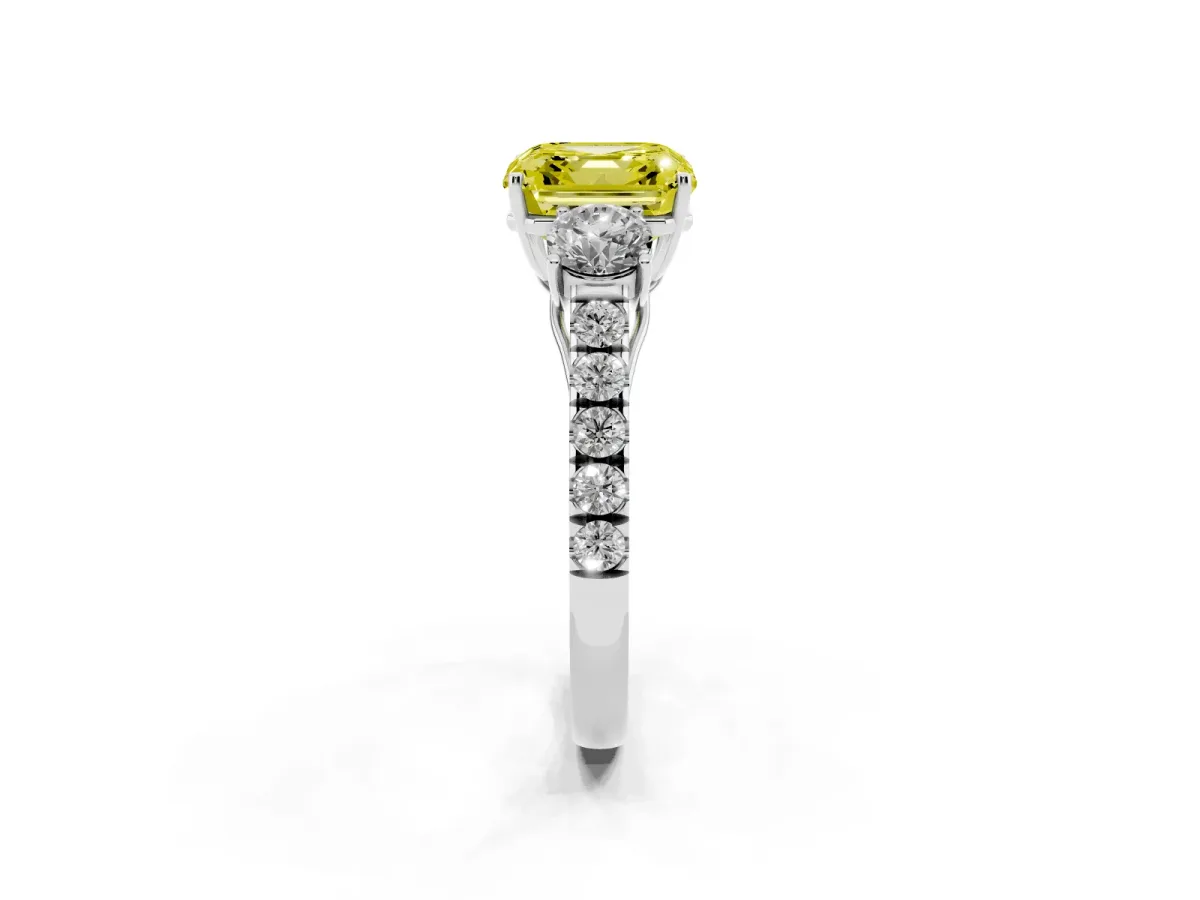 Fancy Yellow Asscher Cut Cut Diamond Three-Stone Ring with Round Side Stones and Pavé Band Silver