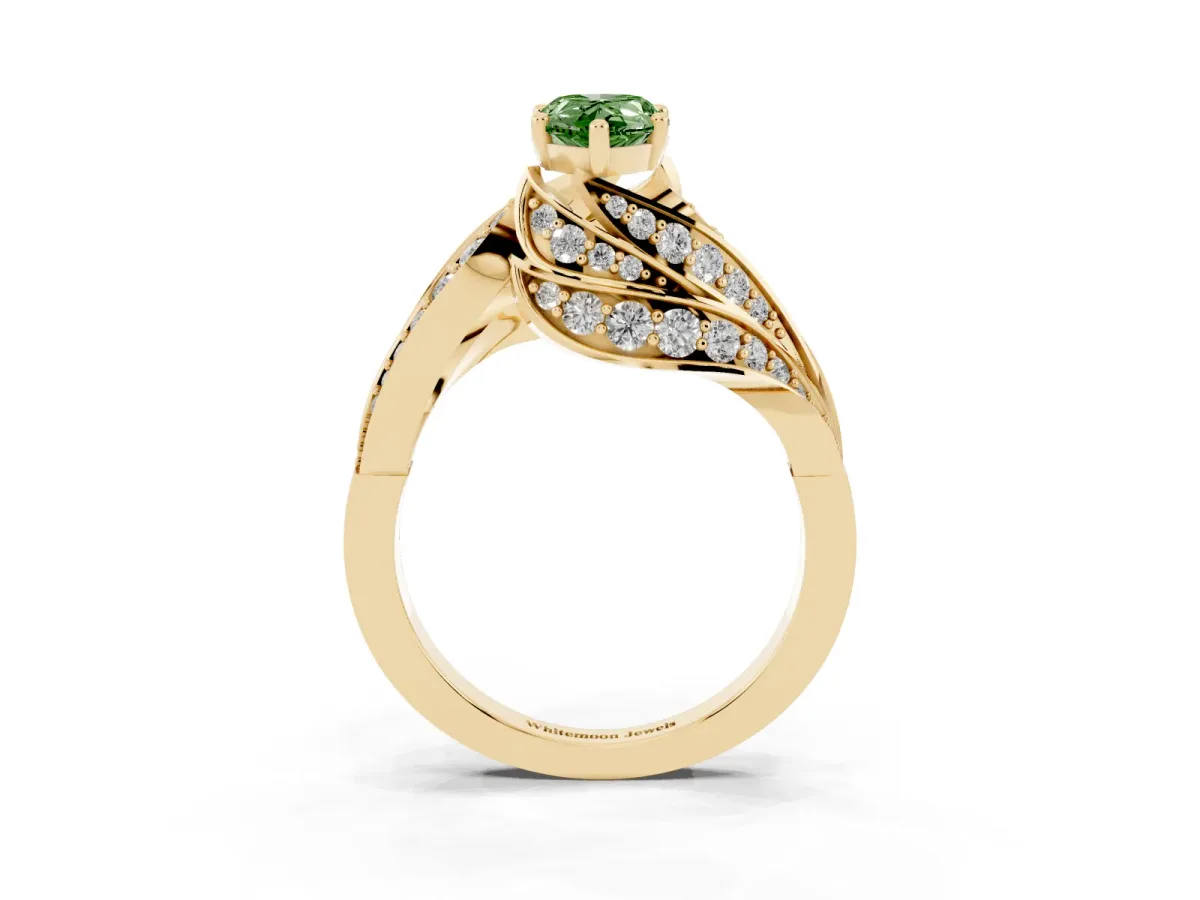 Fancy Green Pear Cut Diamond Solitaire Ring with Prong Setting and Twisted Pavé Band Yellow gold