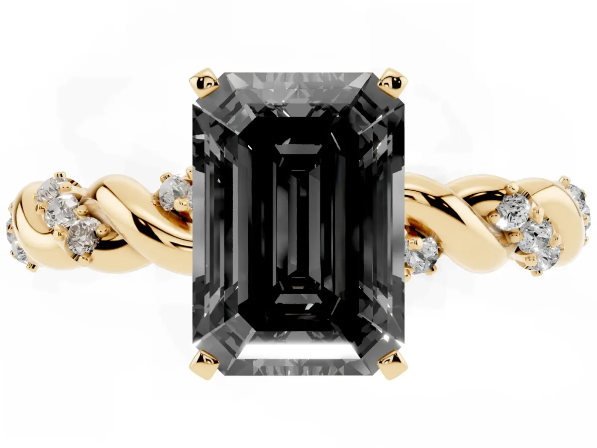 Fancy Black Emerald Cut Diamond Solitaire Ring with Twisted Band and Pavé Accents Yellow gold