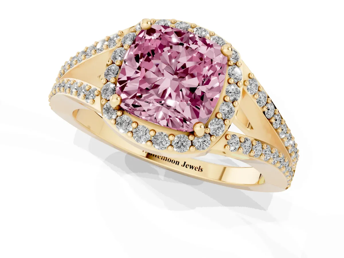 Fancy Pink Cushion Cut Halo Split Shank Pave Diamond Ring with Four-Prong Setting Yellow gold