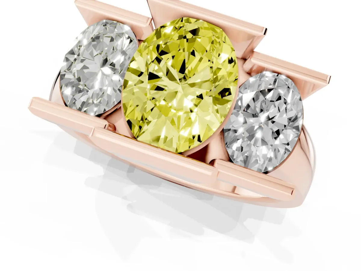Fancy Yellow Three Stone Oval Cut Cut Channel Set Diamond Ring Rose gold