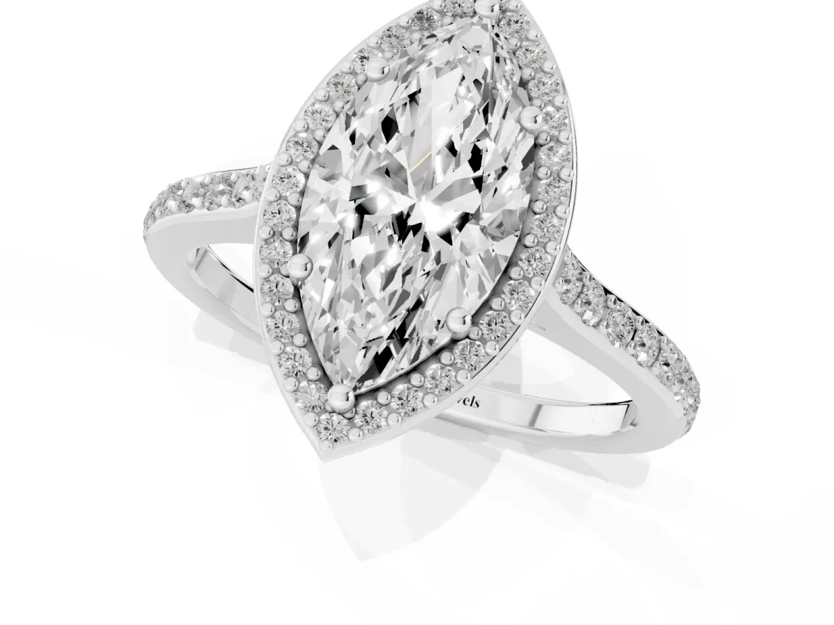 Marquise Cut Diamond Halo Engagement Ring with Round Pavé Shoulders and Prong Setting Platinum