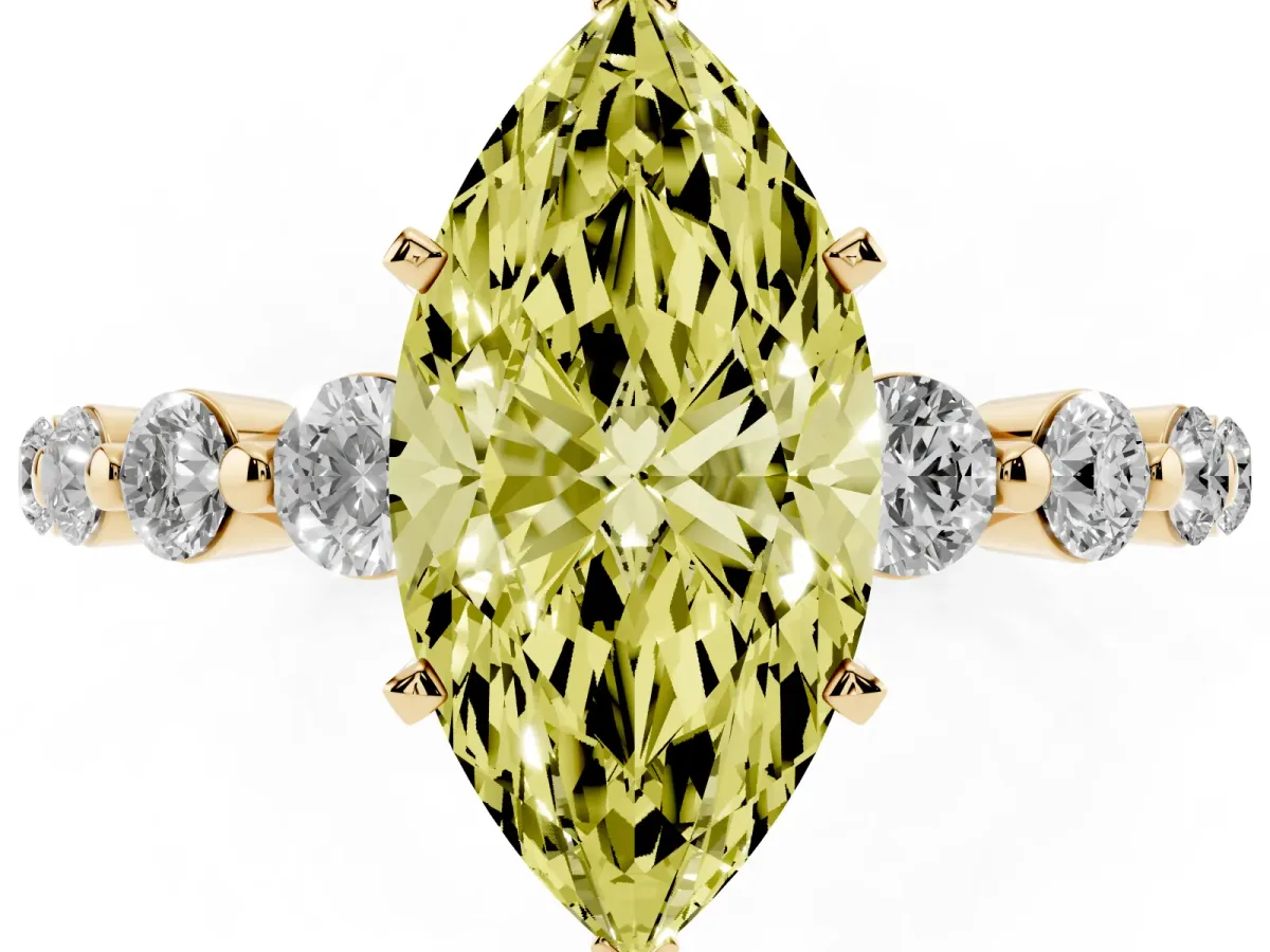 Fancy Yellow Marquise Cut Solitaire Diamond Ring with Pave Band and Four-Prong Setting Yellow gold
