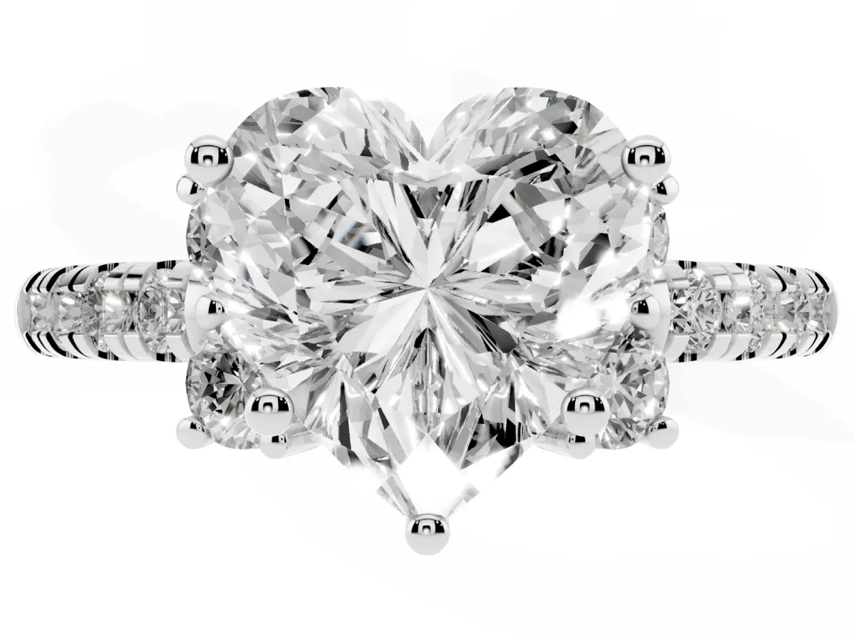 Heart Cut Diamond Three-Stone Pave Band with Four-Prong Setting Silver