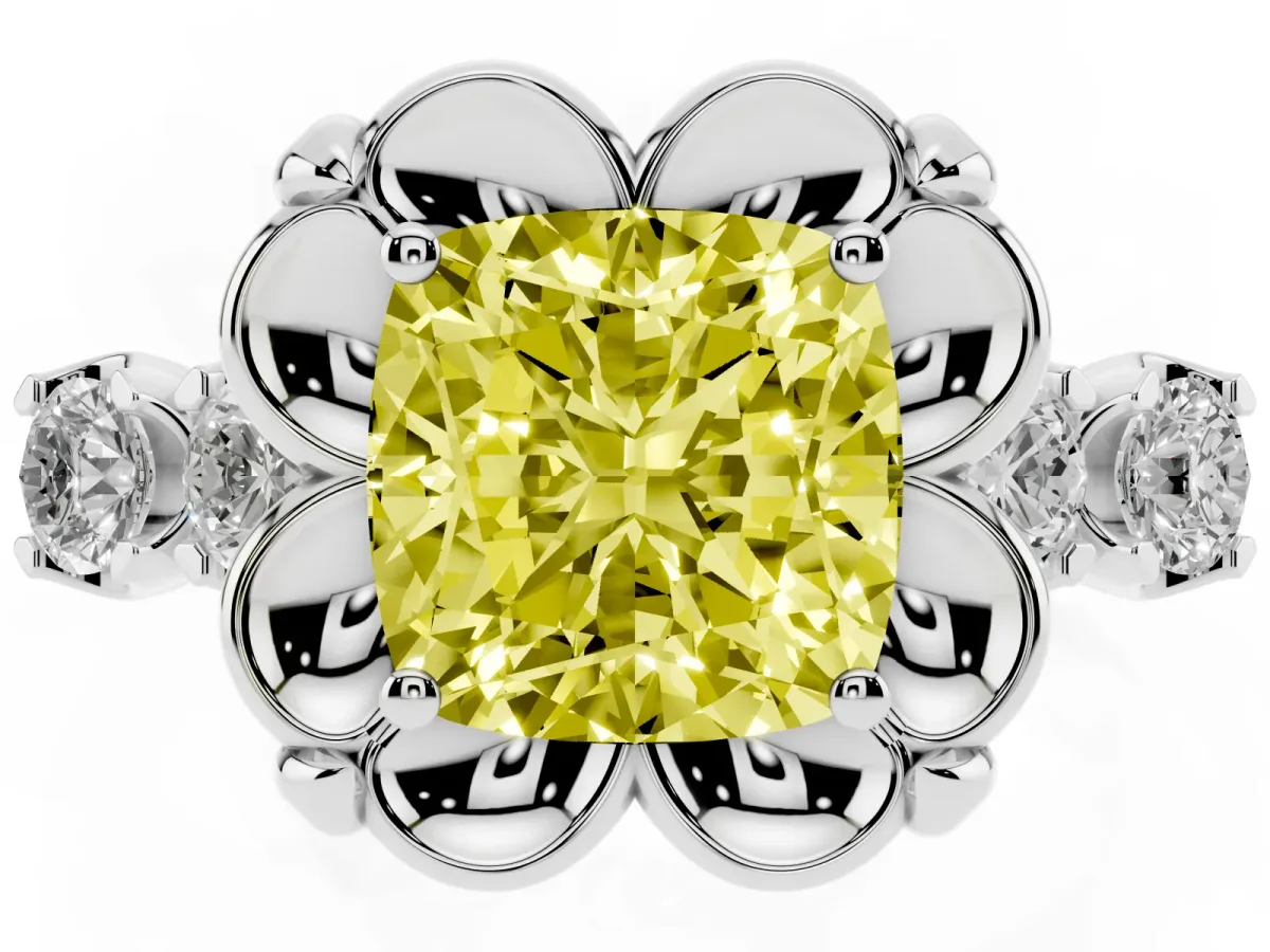 Fancy Yellow Cushion Cut Cut Diamond Floral Halo Engagement Ring with Shared Prong Setting Silver