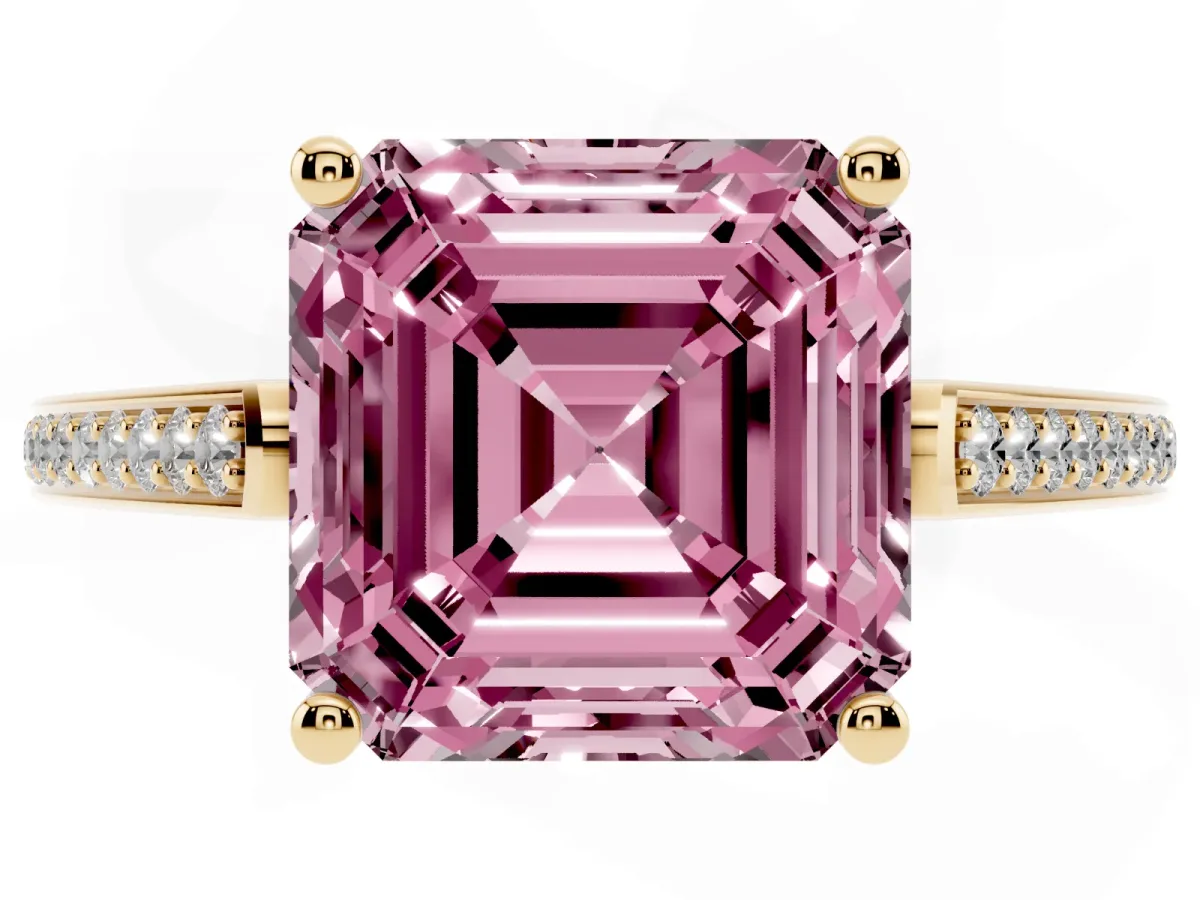 Fancy Pink Asscher Cut Cut Cathedral Pave Diamond Engagement Ring with Six-Prong Setting Yellow gold
