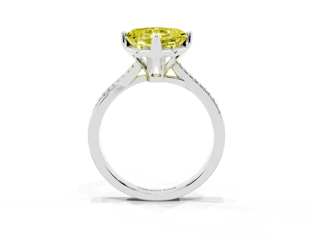 Fancy Yellow Asscher Cut Solitaire Twist Band with Pavé Diamonds and Four-Prong Setting Silver