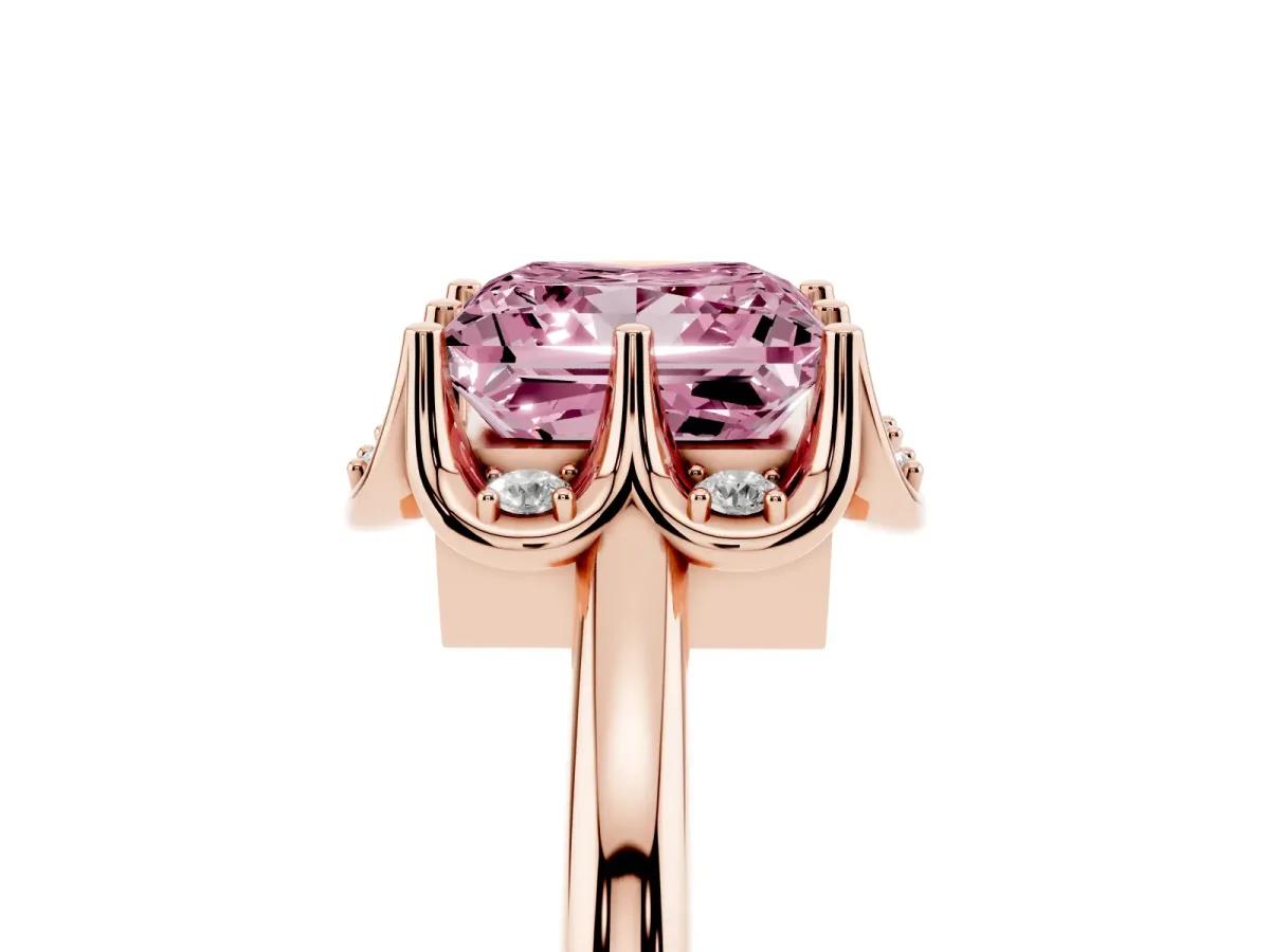 Fancy Pink Princess Cut Halo Diamond Ring with Round Cluster Setting, Solitaire Band, and Four-Prong Setting Rose gold